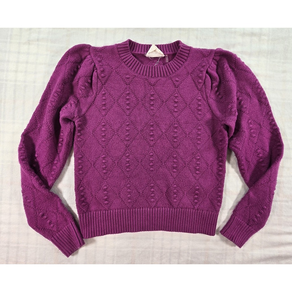 Hyacinth House Sweater Womens Diamond Bobble Cable Knit Puff Sleeve Purple XS